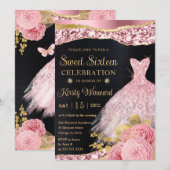 水彩ピンク&金ゴールドグリッタードレスSweet sixteen 招待状 (正面/裏面)