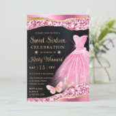 水彩ピンク&金ゴールドグリッタードレスSweet sixteen 招待状 (スタンド正面)