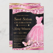水彩ピンク&金ゴールドグリッタードレスSweet sixteen 招待状 (正面/裏面)