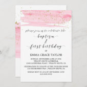 水彩ピンク&金ゴールドバプテスマ&誕生日 招待状 (正面/裏面)