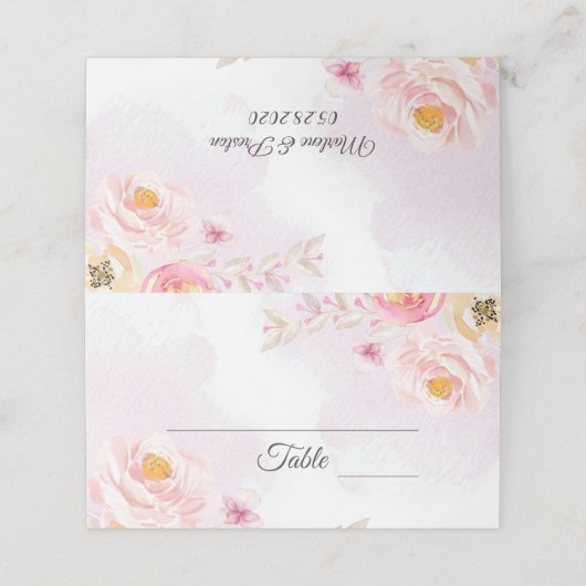 水彩ピンク&金ゴールドフローラ結婚の座席表 プレイスカード (外部開封)