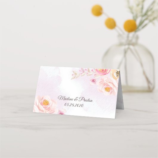 水彩ピンク&金ゴールドフローラ結婚の座席表 プレイスカード (裏面)