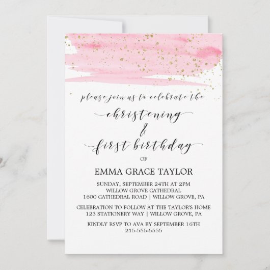 水彩ピンク&金ゴールド《キリスト教》洗礼式や命名式&誕生日 招待状 (正面)