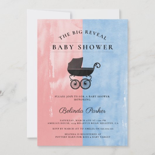 水彩ピンク+青のジェンダーリビールベビーシャワー 招待状 (正面)