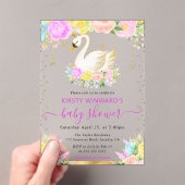 水彩ピンク&黄色の花スワン赤ちゃんシャワー アクリル招待状 (インサイチュ (ポータブル))