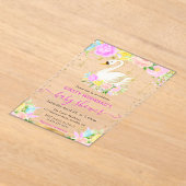 水彩ピンク&黄色の花スワン赤ちゃんシャワー アクリル招待状 (レイダウン)