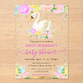 水彩ピンク&黄色の花スワン赤ちゃんシャワー アクリル招待状