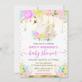 水彩ピンク&黄色の花スワン赤ちゃんシャワー 招待状 (正面)