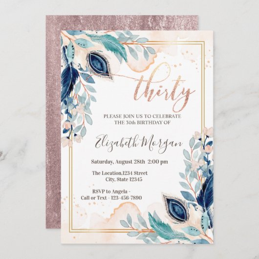 水彩ピーコックフラワー 30歳の誕生日 招待状 (正面/裏面)