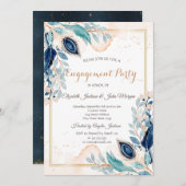 水彩ピーコックフローラダークブルー婚約 招待状 (正面/裏面)