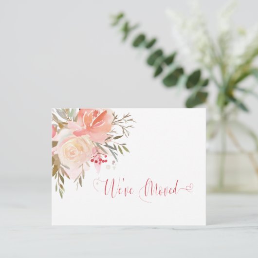 水彩ピーチとピンクの引っ越しました発表 ポストカード (スタンド正面)