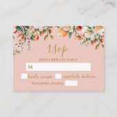 水彩ピーチと金ゴールドフローラRSVP エンクロージャーカード (正面)