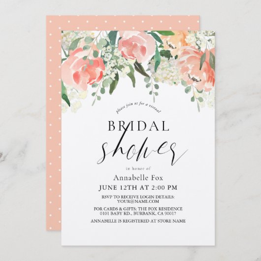 水彩ピーチバラバーチャルフローラブライダルシャワー 招待状 (正面/裏面)