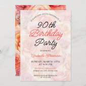 水彩ピーチバラ背景90誕生日 招待状 (正面/裏面)