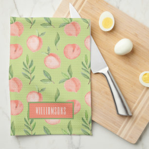 水彩ピーチパタンパーソナライズされたライムグリーン キッチンタオル