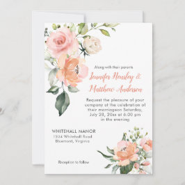 水彩ピーチピンクと白のバラ結婚ズ 招待状