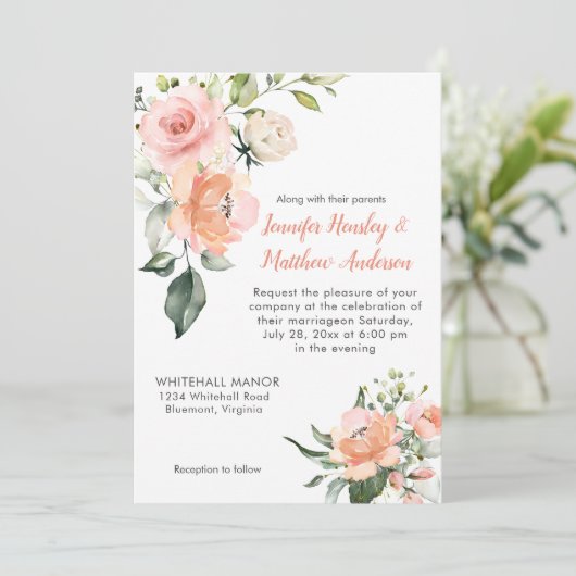 水彩ピーチピンクと白のバラ結婚ズ 招待状 (スタンド正面)