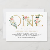 水彩ピーチピンクフラワーズ金ゴールドファースト誕生日 招待状 (正面)