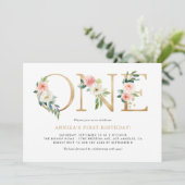 水彩ピーチピンクフラワーズ金ゴールドファースト誕生日 招待状 (スタンド正面)