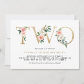 水彩ピーチピンクフラワーズ金ゴールド第2誕生日 招待状 (正面)