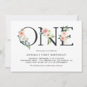 水彩ピーチフラワーズフローラファースト誕生日 招待状 (正面)