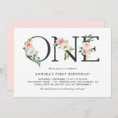 水彩ピーチフラワーズフローラファースト誕生日 招待状 (正面/裏面)