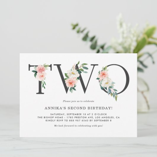 水彩ピーチフラワーズフローラ第2誕生日 招待状 (スタンド正面)