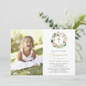 水彩ピーチフローラリース写真聖餐式 招待状 (スタンド正面)