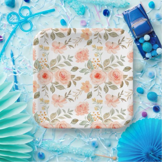 水彩ピーチフローラ誕生日シャワーパーティー ペーパープレート (パーティー)