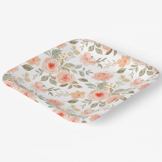 水彩ピーチフローラ誕生日シャワーパーティー ペーパープレート (傾斜あり)