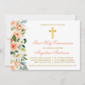 水彩ピーチフローラ金ゴールドファーストコミューン 招待状 (正面)