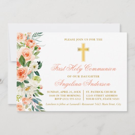 水彩ピーチフローラ金ゴールドファーストコミューン 招待状 (正面)