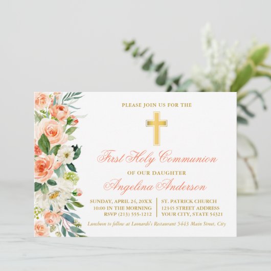 水彩ピーチフローラ金ゴールドファーストコミューン 招待状 (スタンド正面)