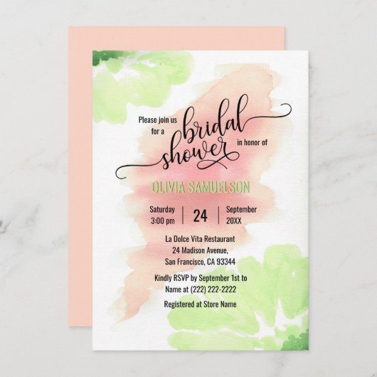 水彩ピーチミントグリーンズ結婚ブライダルシャワー 招待状 (正面/裏面)