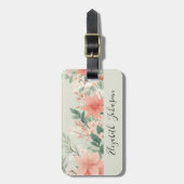水彩ピーチ毛羽毛緑の花スクリプト名 ラゲッジタグ (正面縦)