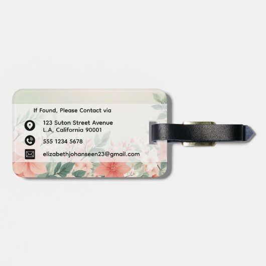 水彩ピーチ毛羽毛緑の花スクリプト名 ラゲッジタグ (裏面横)