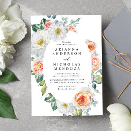 水彩ピーチ&ホワイトフローラオーバルフレーム結婚ズ 招待状
