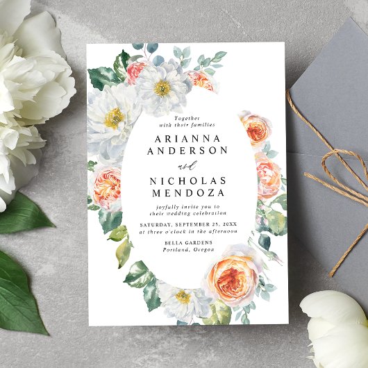 水彩ピーチ&ホワイトフローラオーバルフレーム結婚ズ 招待状