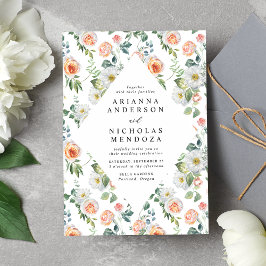 水彩ピーチ&ホワイトフローラフレ結婚ーム 招待状