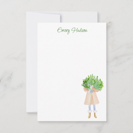 水彩ファッションガールと緑パーソナライズされた サンキューカード (正面)