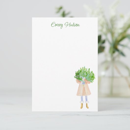 水彩ファッションガールと緑パーソナライズされた サンキューカード (スタンド正面)