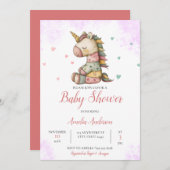 水彩ファンシーなユニコーンのぬいぐるみ ベビーシャワー 招待状 (正面/裏面)