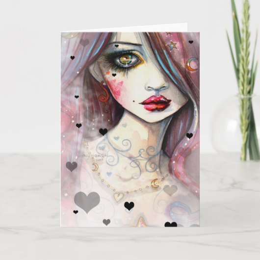 水彩ファンタジーアートガールとハート カード (正面)