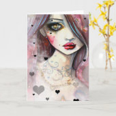 水彩ファンタジーアートガールとハート カード (黄色い花)