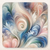 水彩ファンタジーフローラパステルブルー&クリーム スクエアペーパーコースター (正面)