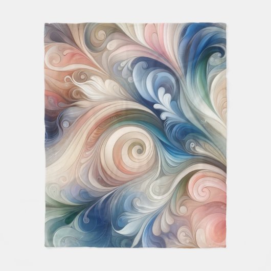 水彩ファンタジーフローラパステルブルー&クリーム フリースブランケット (正面)