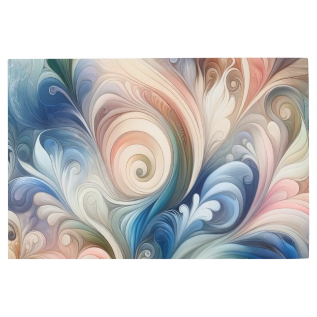 水彩ファンタジーフローラパステルブルー&クリーム メタルプリント (正面)