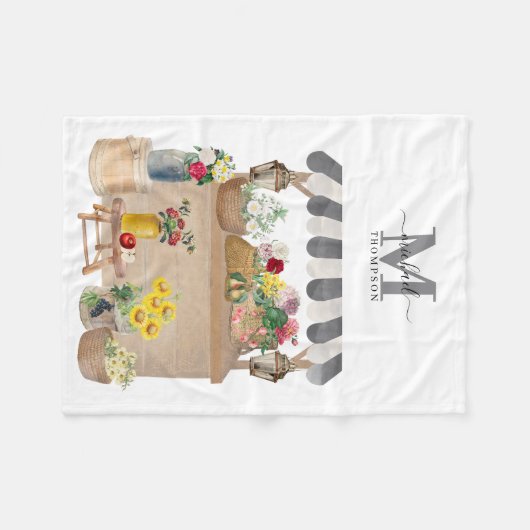 水彩ファーマーズマーケットフローラカートモノグラム フリースブランケット (正面(横))