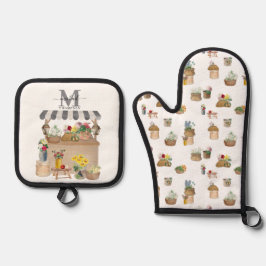 水彩ファーマーズマーケットフローラカートモノグラム 鍋つかみ&鍋敷きセット