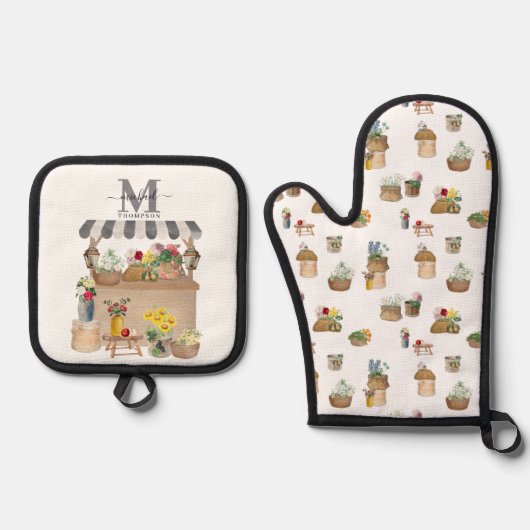 水彩ファーマーズマーケットフローラカートモノグラム 鍋つかみ&鍋敷きセット (正面)